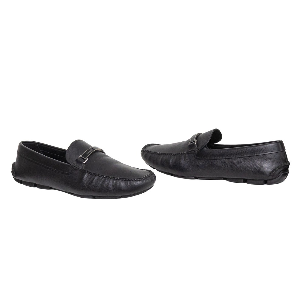 Prada Mens Saffiano Leather Driving Loafers Black Logo Plaque SIZe US 12 UK 11
